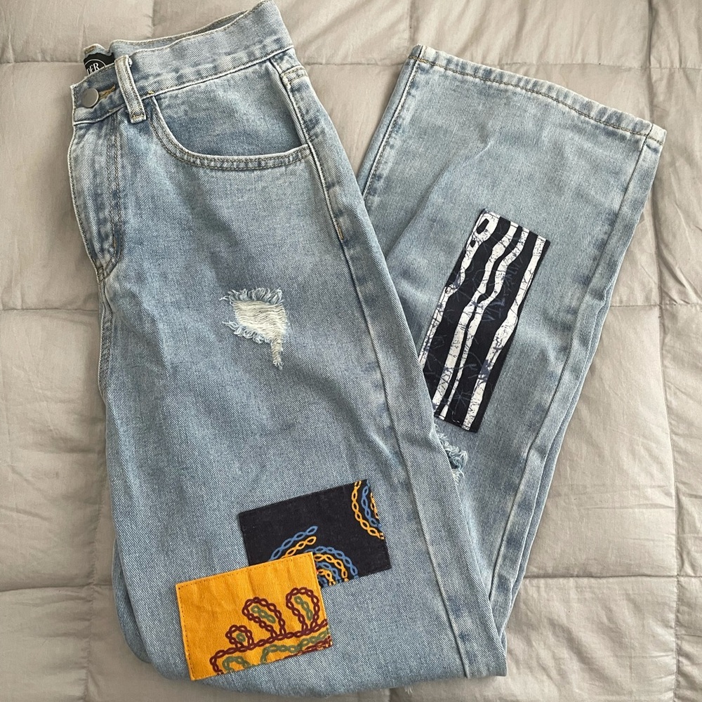 Patchwork wide leg denim jeans